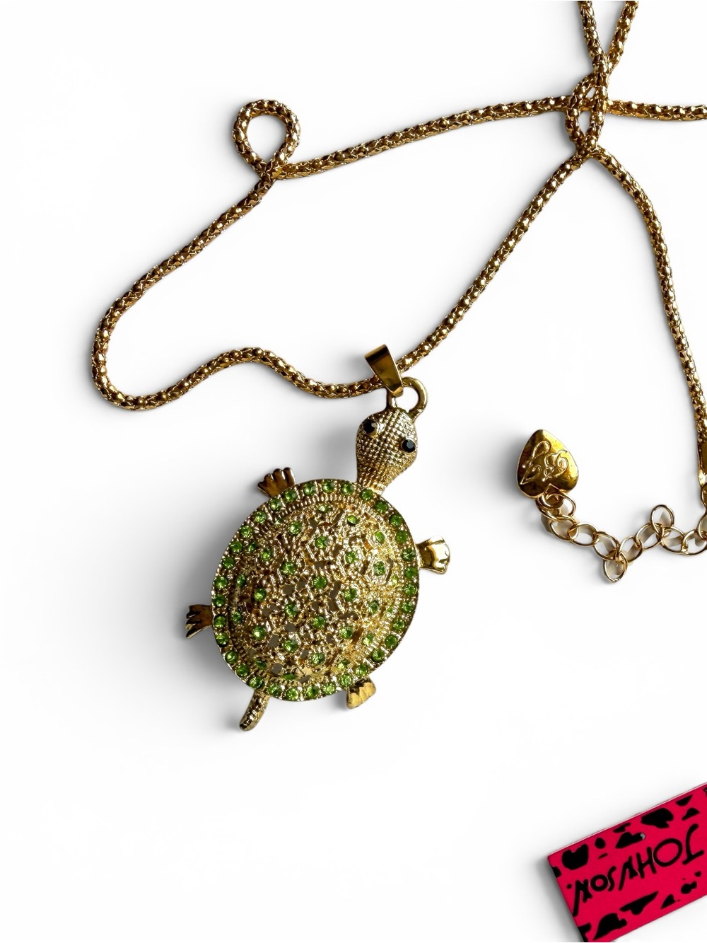 Betsey Johnson Turtle Pendant Necklace Green Crystal Gold Tone Long NWT - Picture 4 of 7
